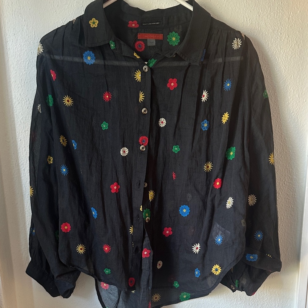 Mother - Black Sheer Button-Up Blouse with Multicolor Floral